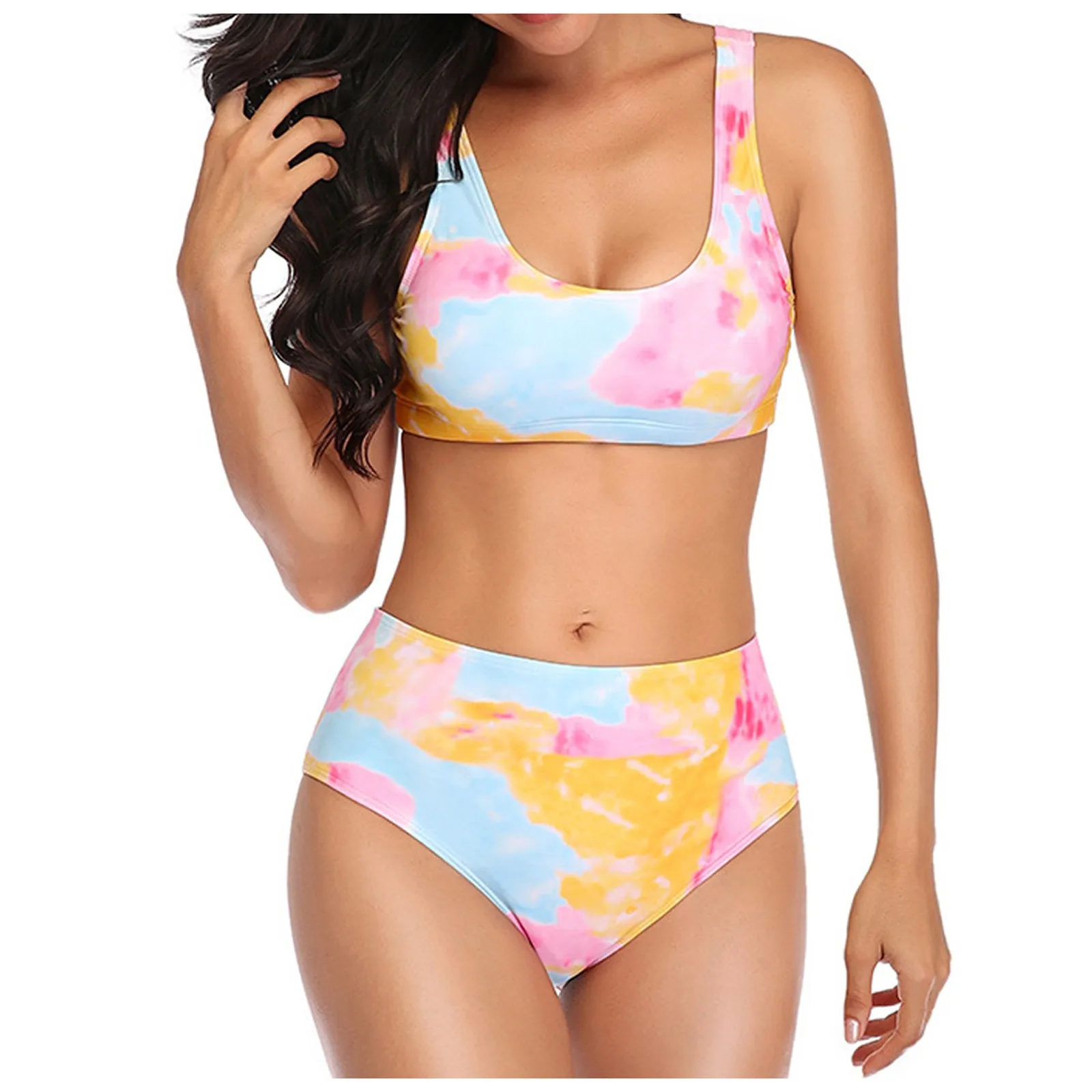

Women's Fashion Waist Print Bikini Tie-dye Split Sexy High Swimsuit Swimwears Tankinis Set