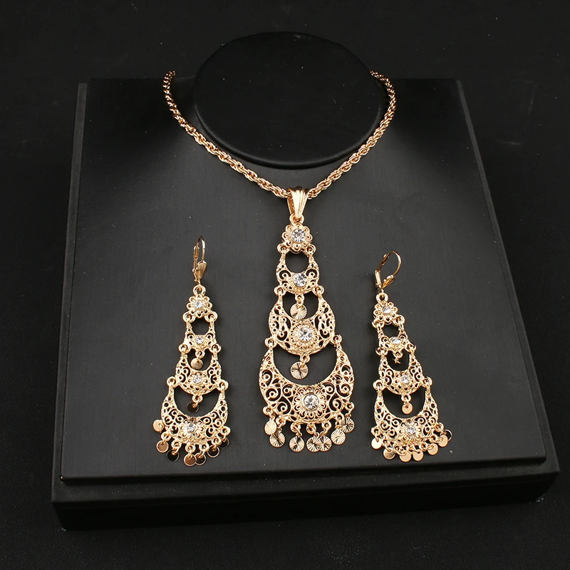 

Moroccan Wedding Jewelry Set Pendant Necklace Earrings Moon Design Jewelry Gold Color Arabian Women Necklace Earrings