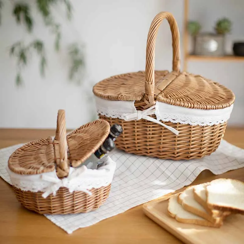 

Rattan Woven Basket with Handle Handmade Wicker Hamper Kitchen Orginazer Fruit Bread Food Outdoor Picnic Camping Storage Basket