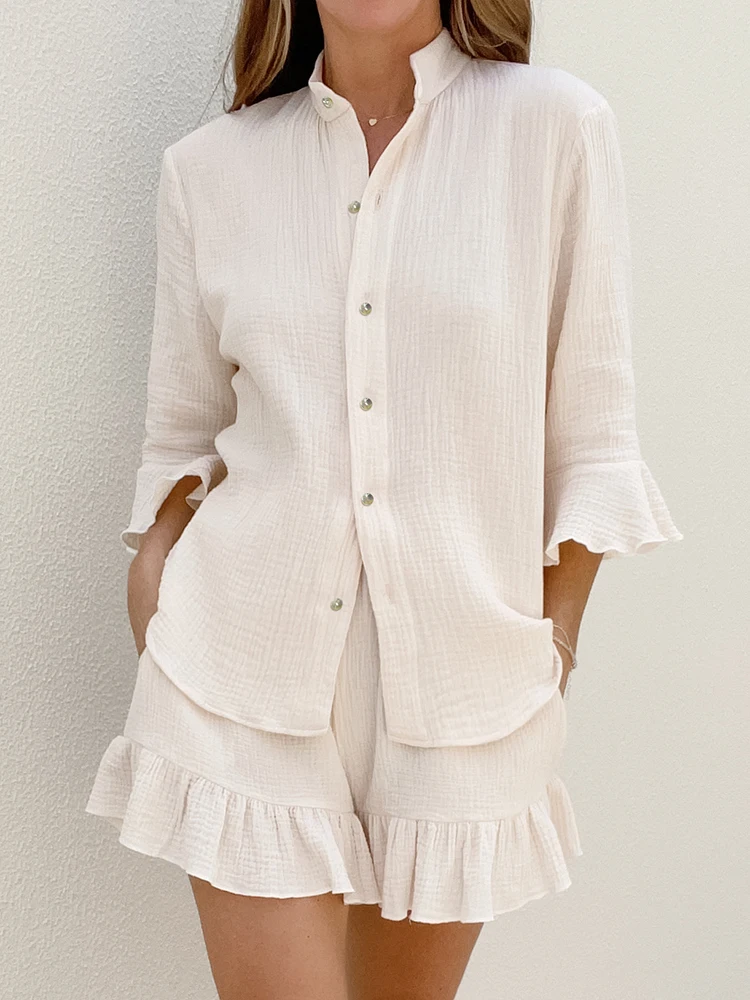 

Linad Peplum Women's Home Clothes Half Sleeve Stand Collar 2 Piece Sets Cotton Casual Pajamas Summer Loose Suits With Shorts