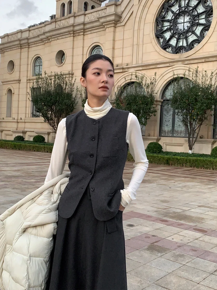 Neihe Nehe Ретро облегающий талию с шелковыми шарфами шерстяной жилет для женщин