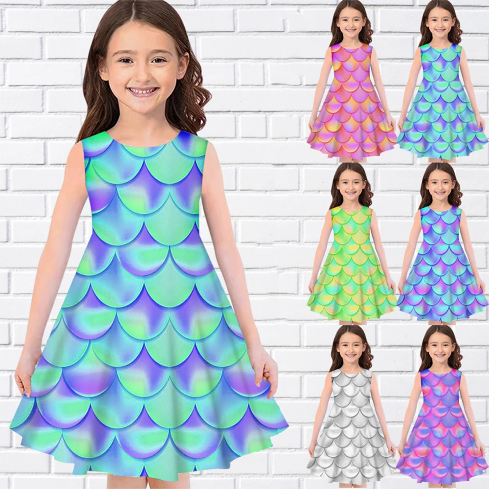 

New Abstract Pattern 3D Print Summer Sleeveless Girl Dress Casual O-Neck Long Dresses Fashion Girls Dresses For Eid Cute Dresses