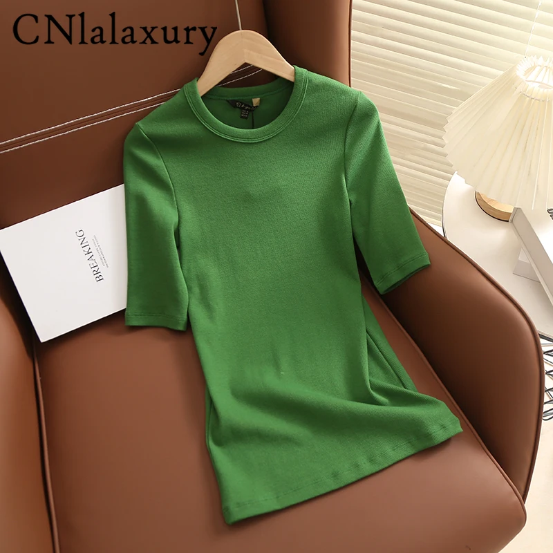 

CNlalaxury Летняя вязаная зеленая футболка для женщин 2023 модные облегающие топы с круглым вырезом и коротким рукавом женская одежда