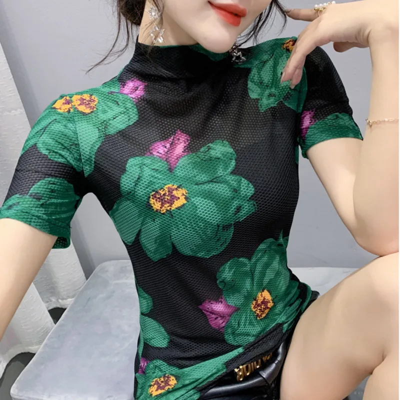 #5777 Floral Printed Mesh T Shirt Women Casual Vintage Sexy Long Sleeve Tight Thin Women's T-shirt Turtleneck Top Female Black