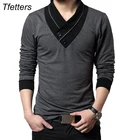 Футболка TFETTERS мужская с V-образным вырезом, Модная приталенная хлопковая рубашка в стиле пэчворк, с длинным рукавом, размера плюс 4XL, осень