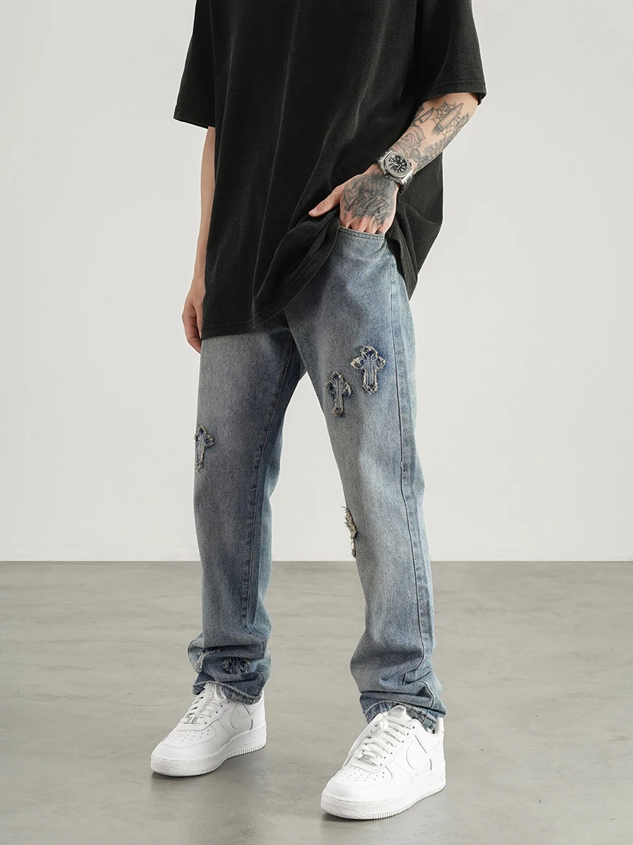 Men's Jeans Four Seasons Cross Embroidery Straight Loose Pants Men's and Women's Streetwear Ins Hot Sale Y2k Men's Jeans JEANS
