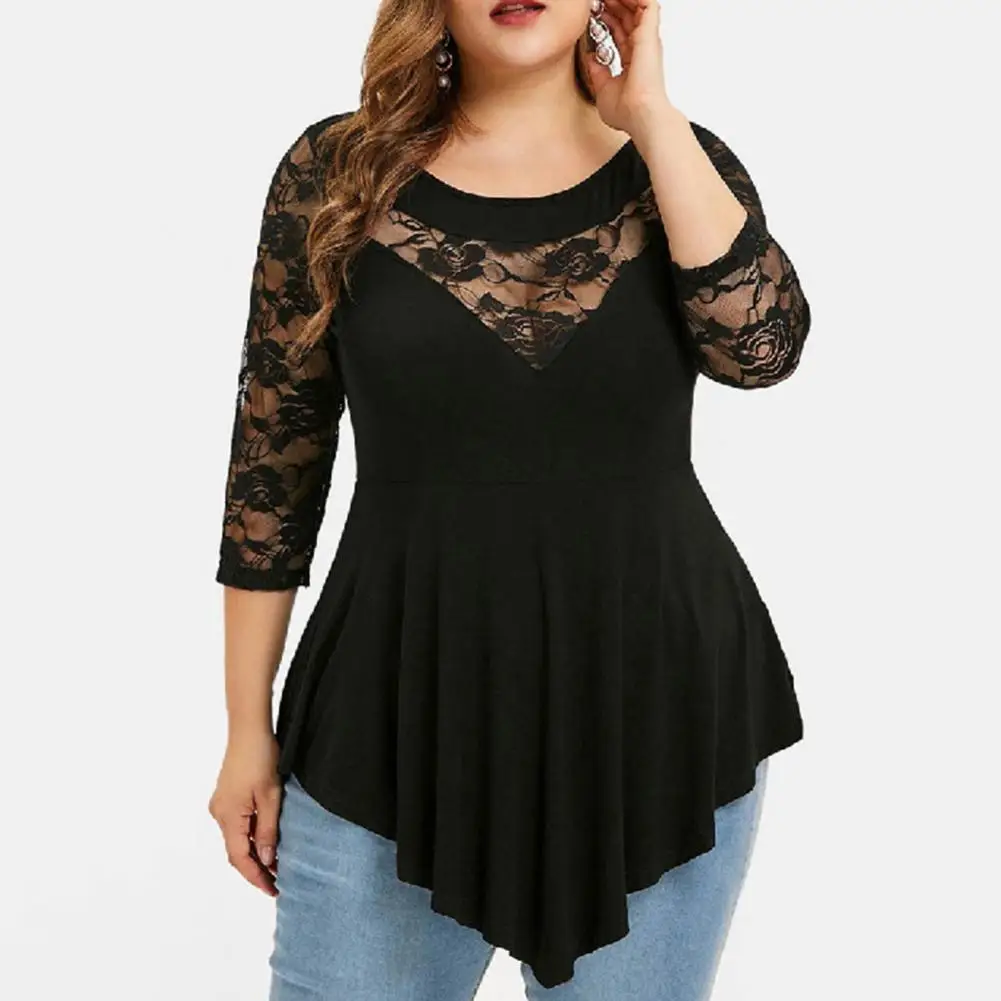 

Short Sleeve Pullover Women Top Lace Floral Plus Size Solid O-Neck Tee Shirt Asymmetric Three Quarter Female Blusas for Daily W