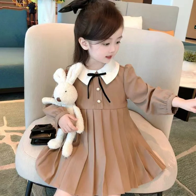 

Spring Kids Dresses for Girl 2023 New Long-sleeved Button Bow Princess Dress Children Pleats Skirt Sweet Baby Girl Clothes