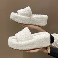 platform slippers white Winter Warm Slipper Women Slides Outside Fluffy Slippers Indoor Soft Plush Shoes Women Warm Slippers