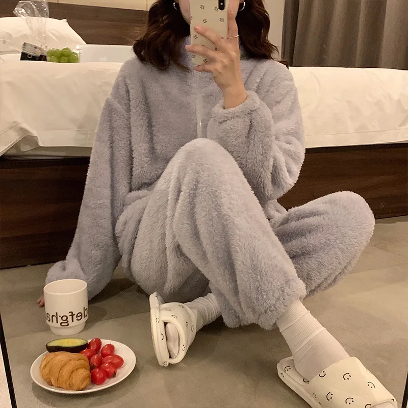 Корейские зимние пижамы для женщин плюшевый воротник-стойка утолщенная молния