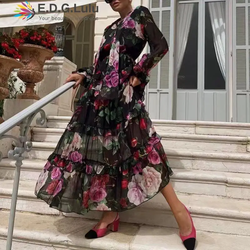 

EDGLuLu 2022 Summer Bohemian Floral Casual Long Maxi Dresses For Women Stand Collar Lace-up Elegant Boho Beach Dress 0802