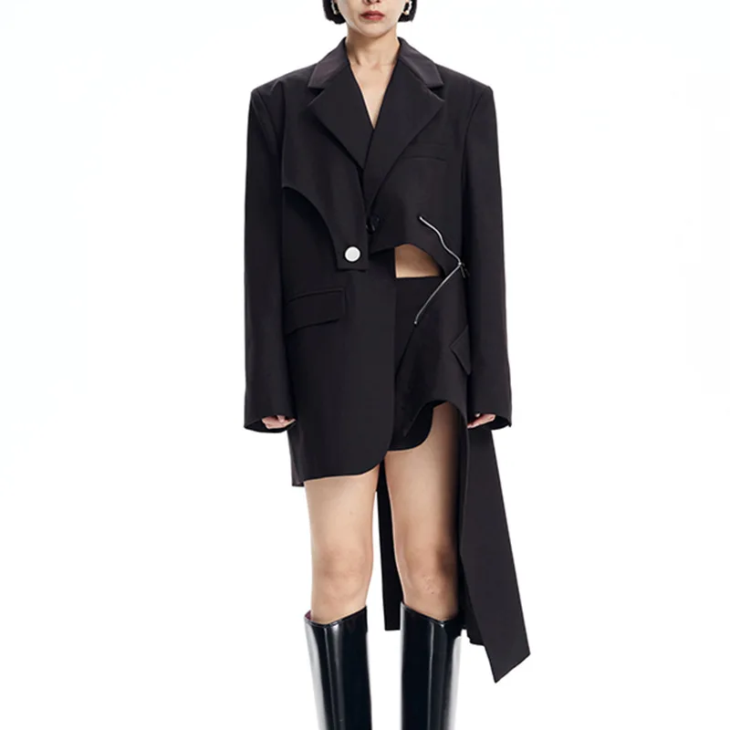 SuperAen Irregular Design Black Long Suit Coat for Women's Autumn New Fashion Splicing Blazer Coat