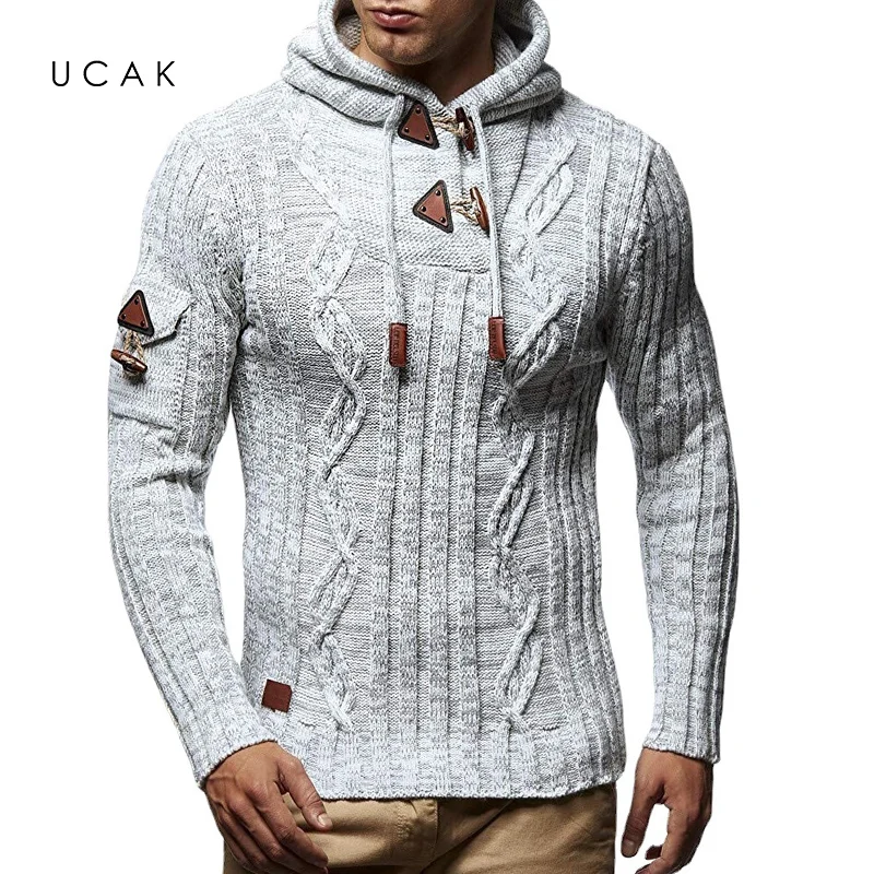 

UCAK 2022 Autumn Winter fashion men's knitted pullover long sleeve cap epaulets horn button slim fit men's sweater