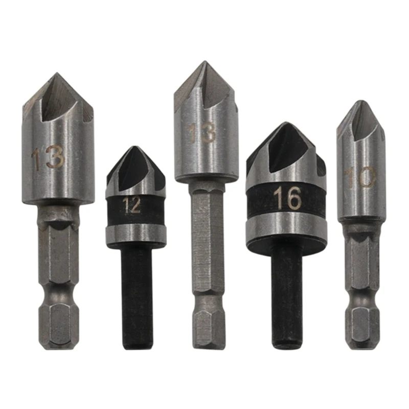 

5Pcs 82 Degrees Chamfer Drill Bit Set 5 Flute Woodworking Drill Bit Cutter Countersink Drill Bit Set Metal Drilling