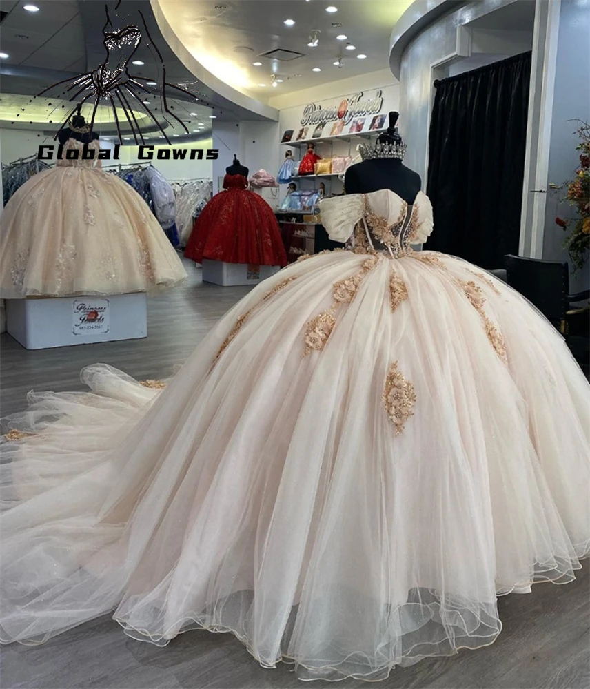 

Mexico Champagne Off The Shoulder Ball Gown Quinceanera Dress Beaded Appliques Birthday Party Gowns Sweet 16 15 Robe De Bal