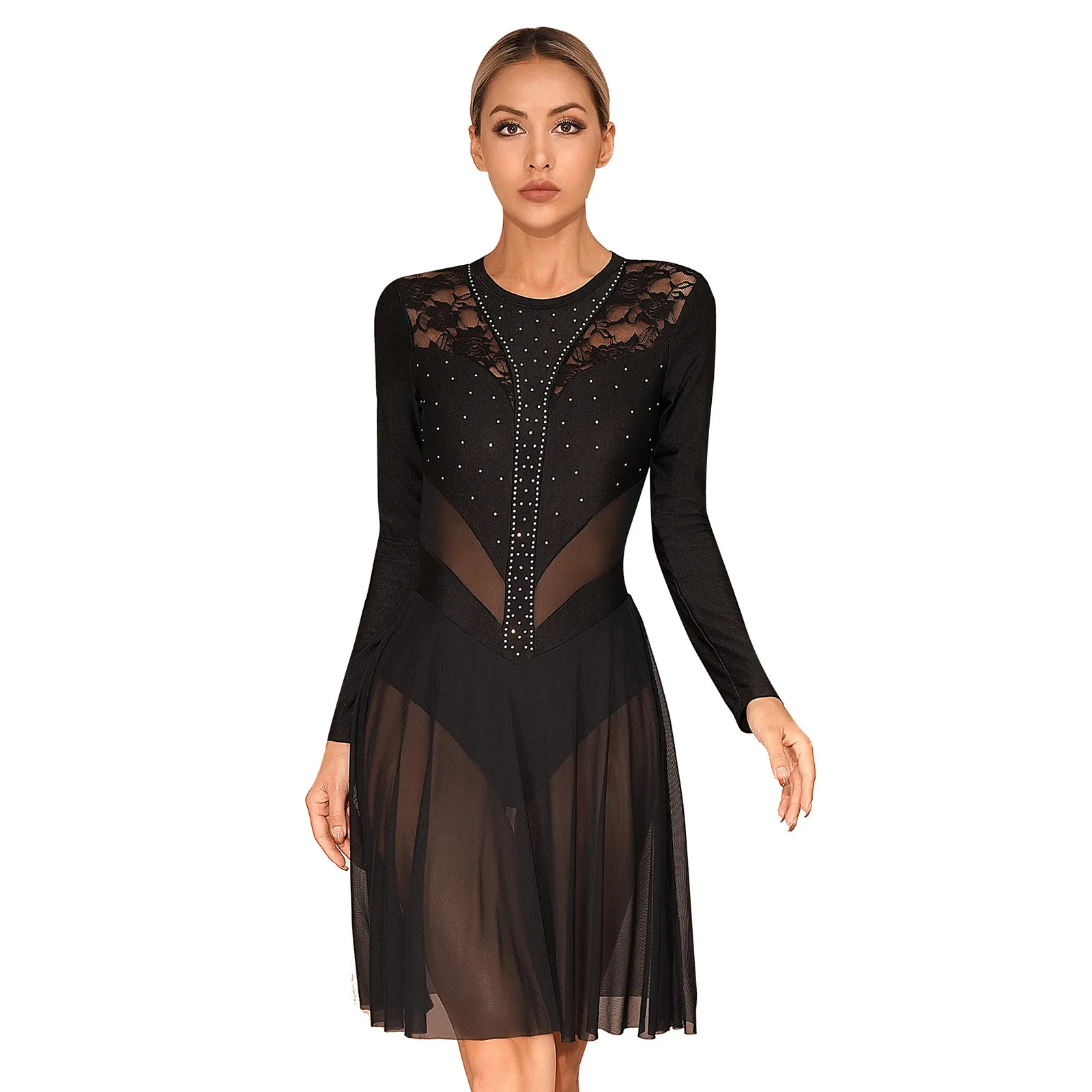 

Womens Long Sleeve Dance Dress Fashion Floral Lace Sheer Mesh Patchwork Dresses Figure Skating Lyrical Dance Performance Costume
