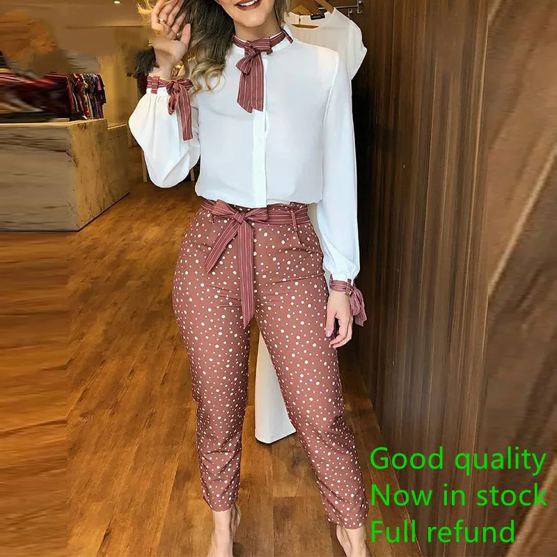 

Casual Two Piece Set Women 2022 New Office Workwear Print Tied Detail Top & Polka Dot Sleeve Style Clothing Suit