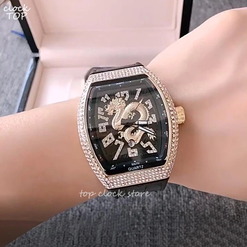 

Gold Dragon Top Clock for Men Luxury Brand Military Chronograph Big Numbers Quartz Tonneau Diamond 3D Carving Male Wristwatch