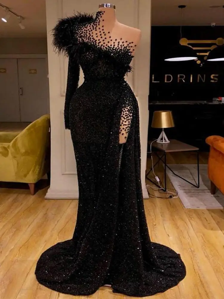 

Black Sequined BeadingHigh Coller Mermaid Prom Dresses One Shoulder Lace Up Train Evening Party Gown vestidos de noche robes de