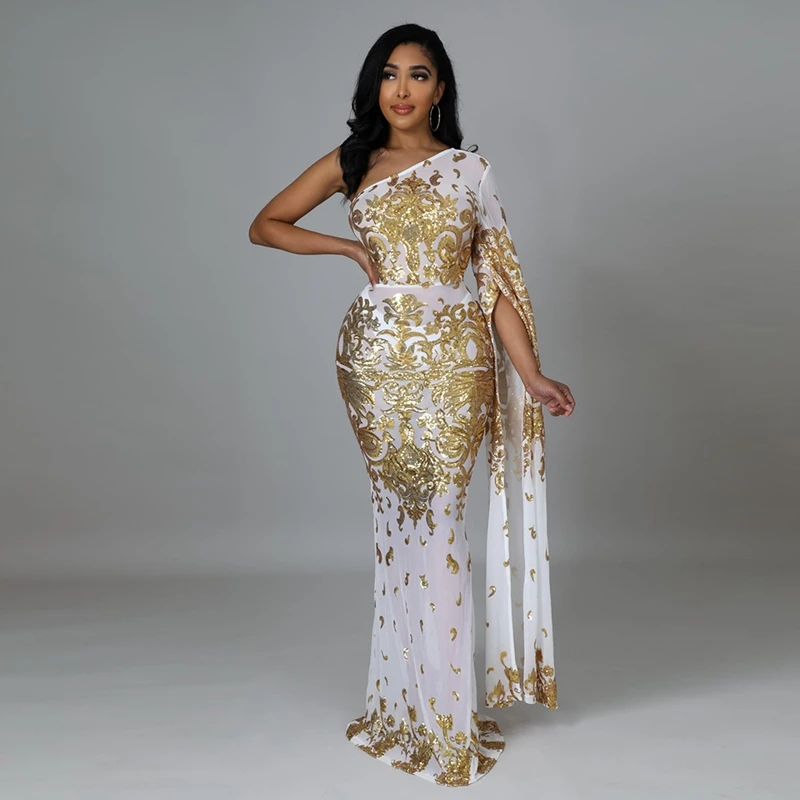 Sparkly Sequin Evening Sexy Dresses Women Long Sleeve One Shoulder Sheer Mesh Maxi Bodycon Dress Wedding Night Club Party Dress
