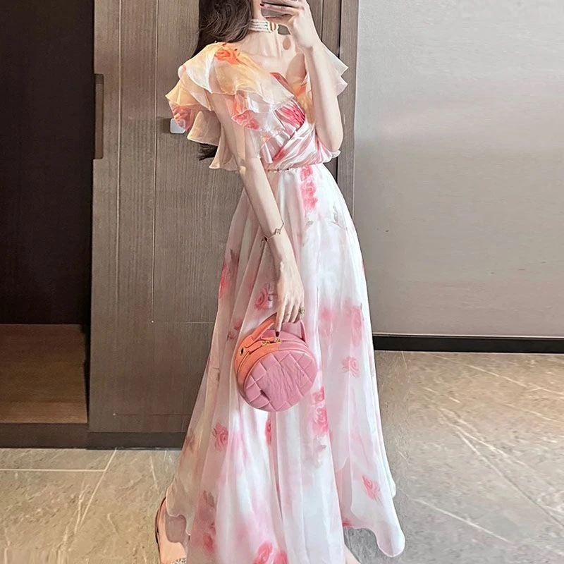 

Женское длинное пляжное платье, элегантное милое французское роскошное изящное платье с цветочной талией, романтичное винтажное платье, лето 2023