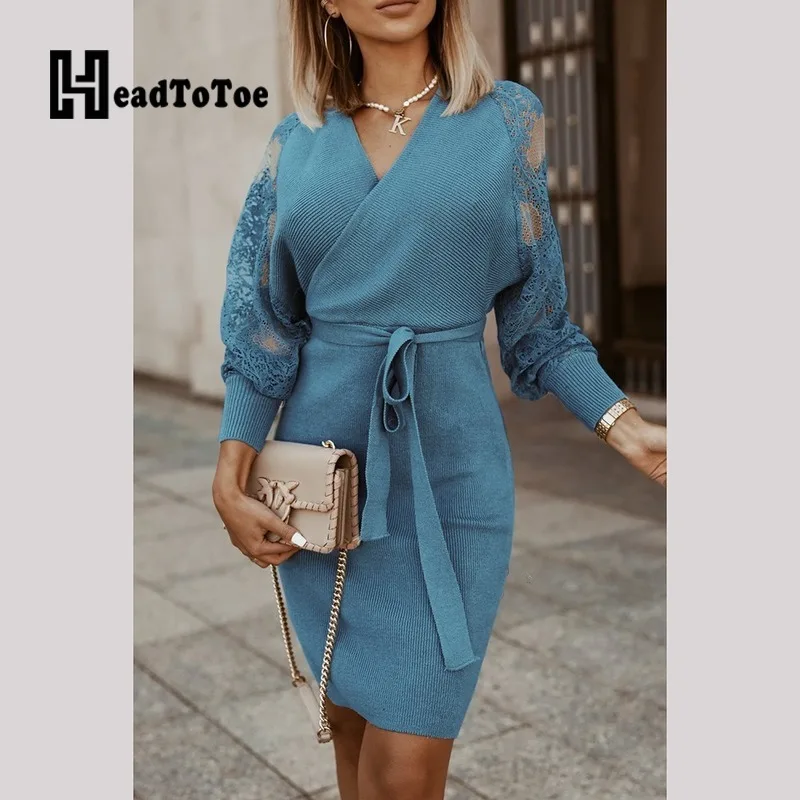 

Crochet Lace Rib-knit Casual Dress Women Long Sleeve V Neck Belted Slim Dress