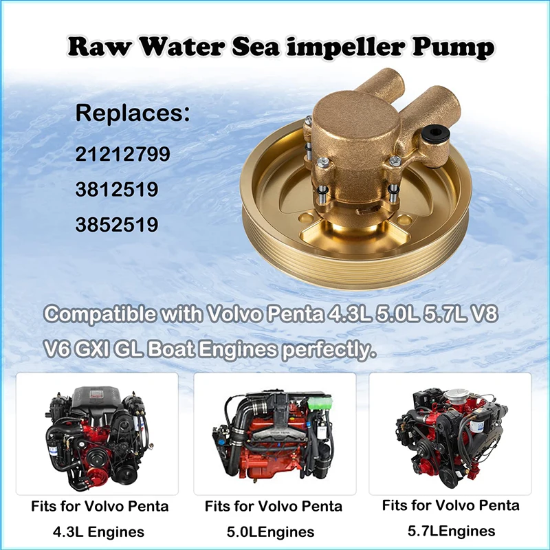 Raw Water Sea impeller Pump 21212799, 3812519 For Volvo Penta 4.3 5.0 5.7 V8 V6 GXI Crankshaft Mounted Sea Pump enlarge