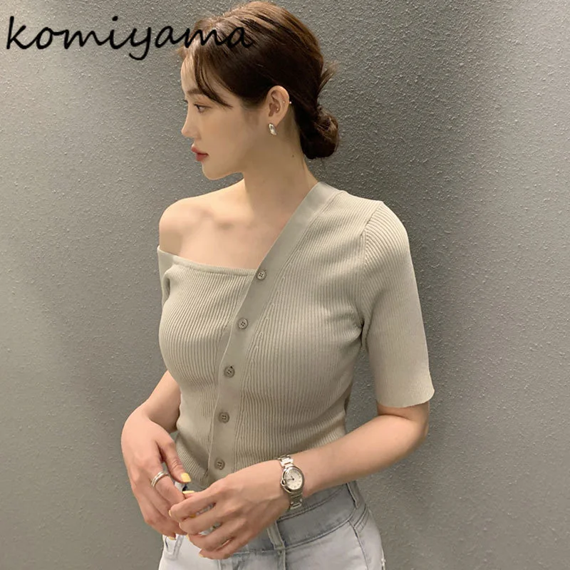 

Корейские шикарные футболки Komiyama с диагональным воротником и открытыми плечами, однобортная одежда Y2k, яркая трикотажная футболка с коротк...