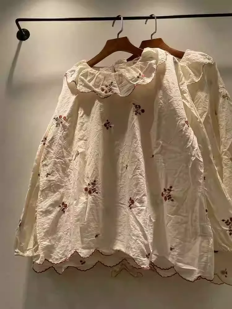 Одежда Mori kei рубашки и блузки из 100% хлопка с длинным рукавом вышивкой белого