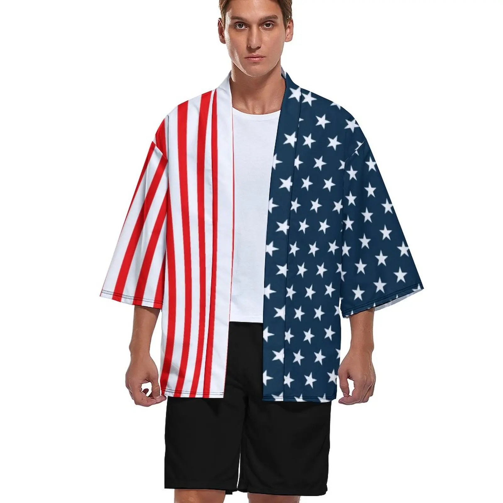 

Кимоно с принтом в виде американского флага США, кардиган, стильная повседневная рубашка в полоску со звездами, мужские рубашки с графическ...