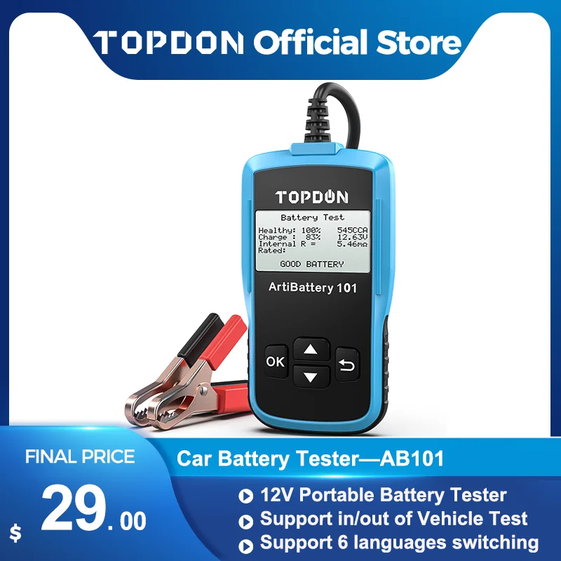 

Тестер автомобильного аккумулятора TOPDON AB101, измеритель напряжения 12 В, 2000CCA