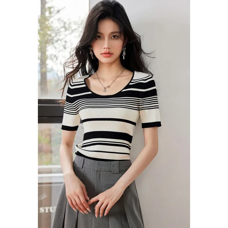 Футболка женская облегающая с круглым вырезом шикарный топ в французском стиле