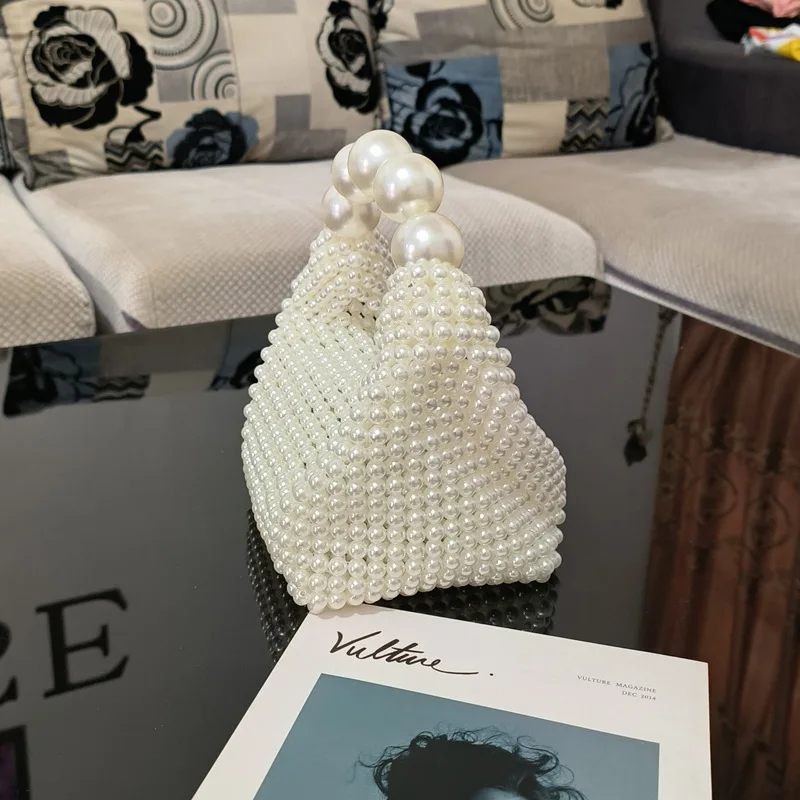 Handmade Pearls Bag Luxury Beaded Women Handbag Big Pearl Handle Evening Bags for Women Hollow Woven Beading Bag Pillow Clutch