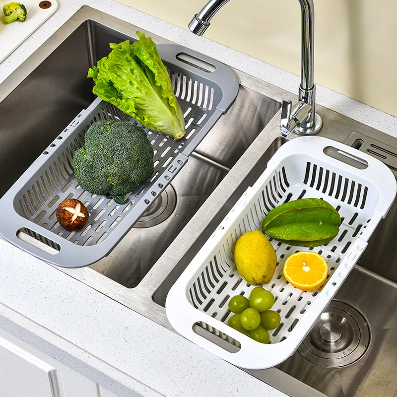 Kitchen Storage Basket Soap Sponge Holder Adjustable Vegetable Drain Basket Sink Rack Telescopic Drain Rack Bathroom Organizer