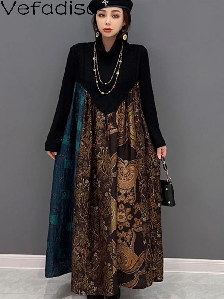 

Vefadisa Women Long Sleeve Turtleneck Pullover Dress Loose Mid-length Printing High Waist Dress Black 2023 Spring Autumn LHX2872