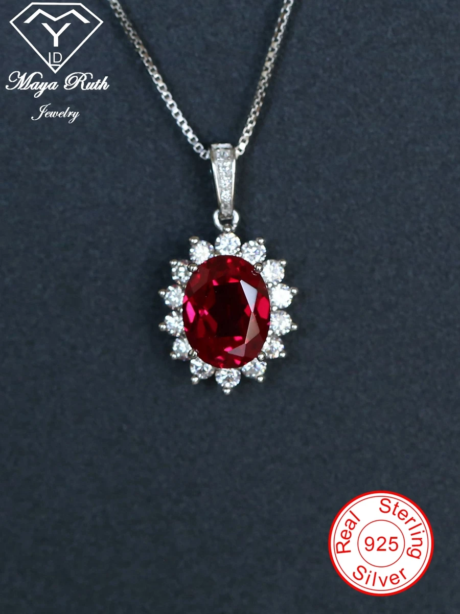 Lab Created Ruby Real Echt 925 Sterling Silver Party Pendant For Women Gemstone Halo Diana Princess Oval Shape Female Lover Gift
