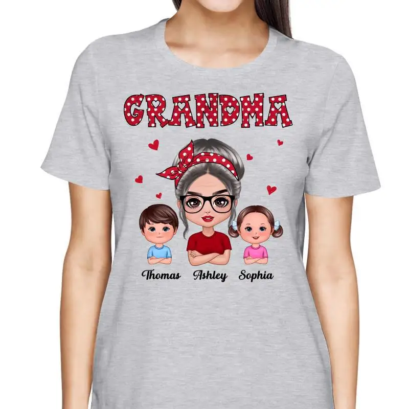 

Grandma With Polka Dot Pattern Turban And Grandkids Personalized Shirt