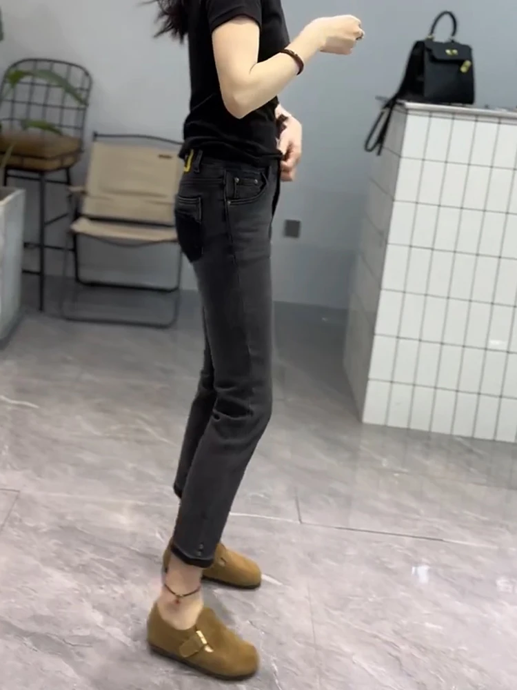 Y2k Black And Gray High-waisted Stretch Jeans Women Slightly Fat Wear With 2023 Summer New Thin Thin Foot Nine-point Pencil Pant