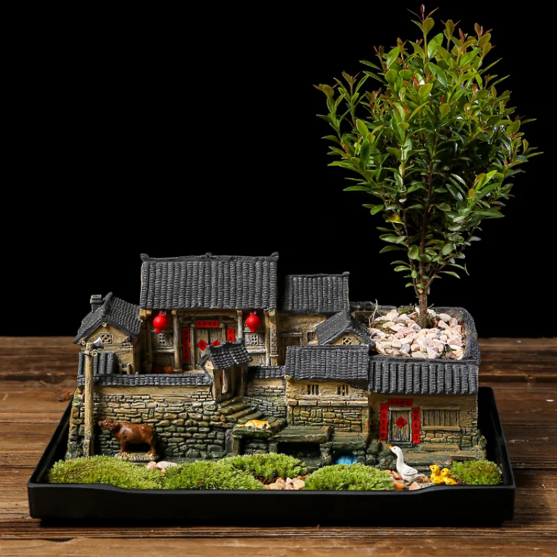 Chinese Style Retro Micro Landscape Old House Flower Pot Landscaping Potted Indoor Succulents Bamboo Bonsai Ornaments