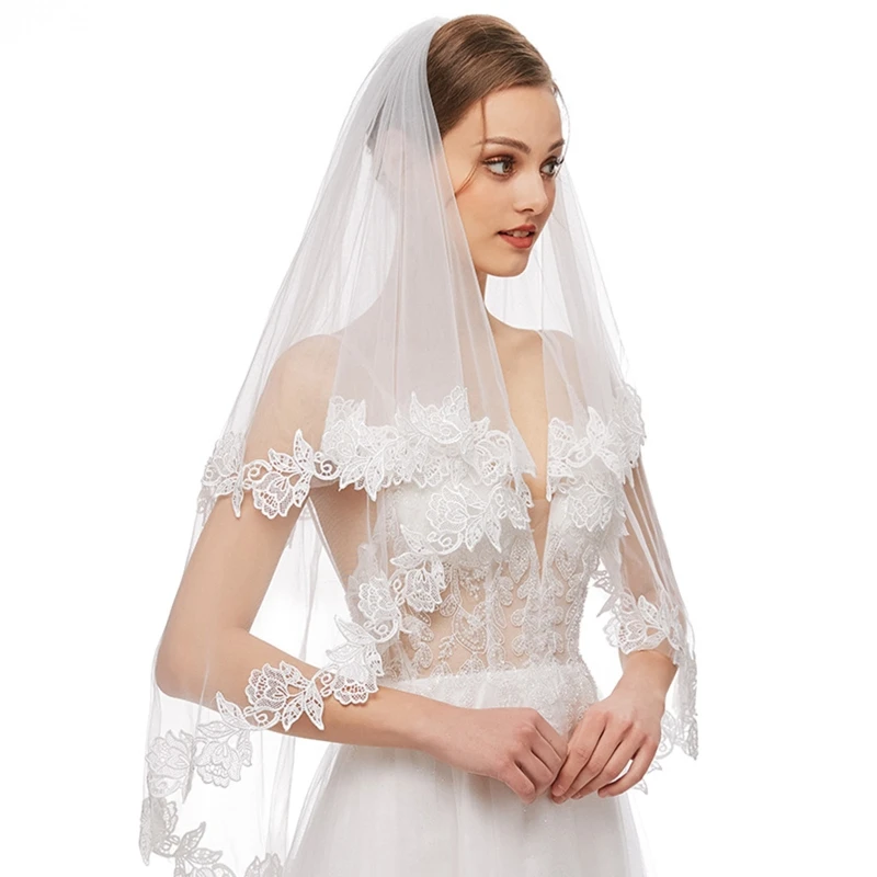 

Bridal Veil Appliques with Comb Sheer Tulle Lace Appliques Wedding Veils Hair Accessories for Bride 2 Tier Elbow Length