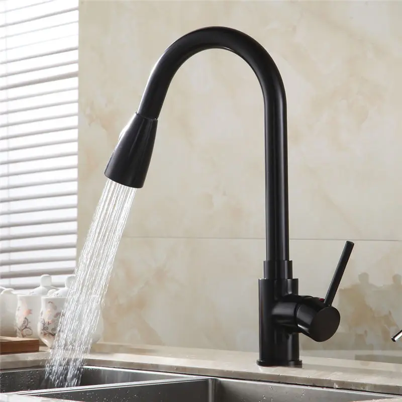 

Brass Black Pull Out Kitchen Mixer Tap 2 Way Function Water Mixer Deck Mounted Single Handle Sink Crane 408906RKitchen Faucets