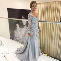 mermaid mother of the bride dresses v neck long sleeves elegant wedding guest dress sweep train flower applique evening gowns
