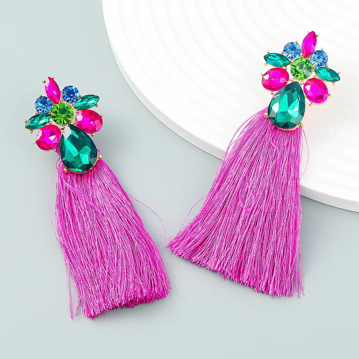 

Big Bohemian Long Sequins Tassel Earrings For Women Wedding Party Crystal Beads Statement Drop Earrings Fuchsia Jewelry