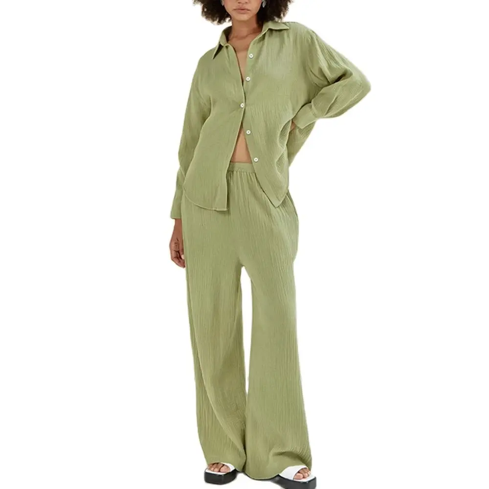 

Cotton Women's Pajamas Nightwear Green 2 Piece Sets Long Sleeve Sleepwear 2 Piece Sets Long Sleeve Female Casual Trouser Suits