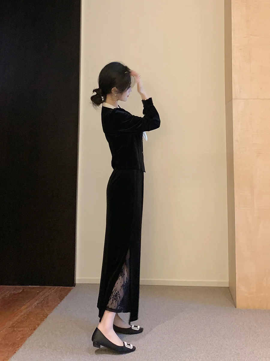 Lin Guanguan черные бархатные рубашки с бантом женские осенне-зимние уникальные