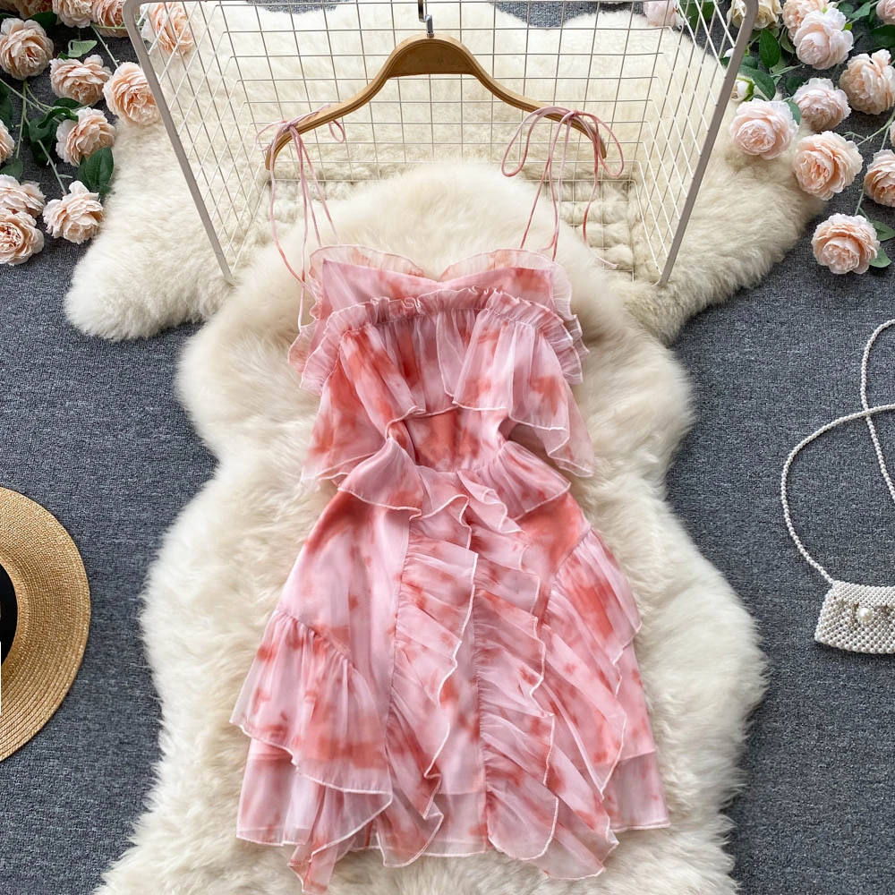 

Summer New Fashion Women French Ruffle Slim A-line Short Pink Dress Sexy Sleeveless Party Clothes Vestidos De Mujer G886