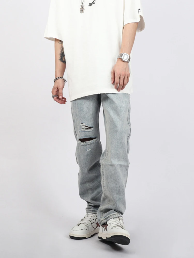 Baggy Men's Jeans with Zipper Design and Ripped Details, Y2K Casual Loose Denim Pants, High Street Fashion Ins Style JEANS