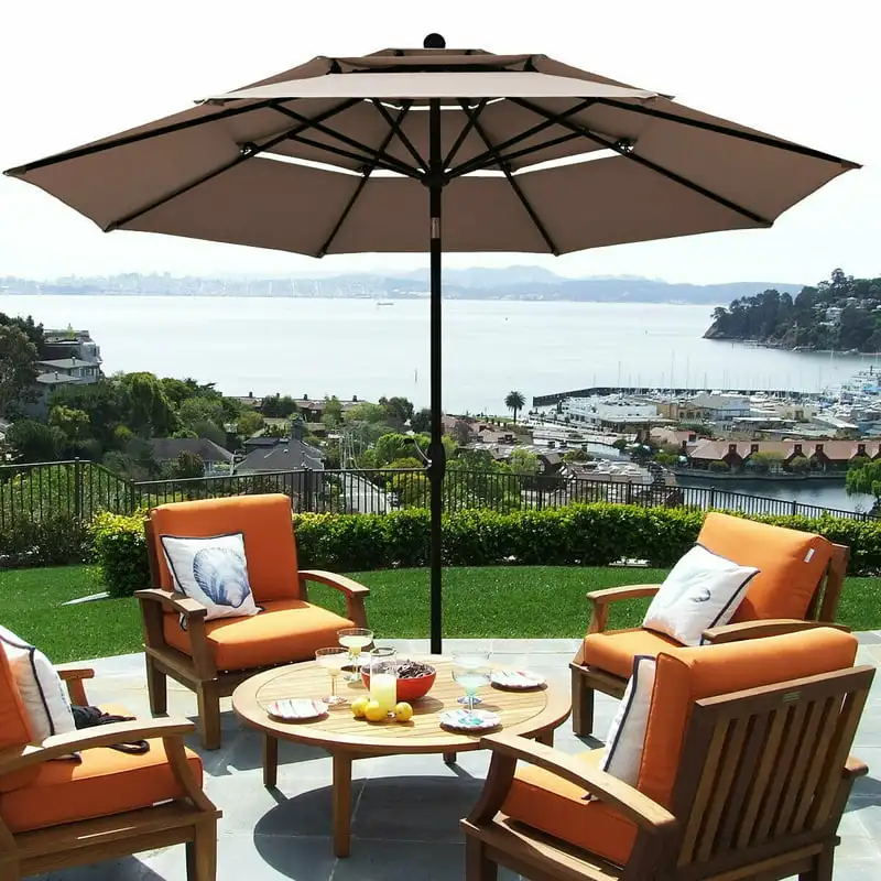 

10FT 3-Tier Patio Aluminum Sunshade Umbrella Shelter Double Vented Market Umbrella Tan for Outdoor Beach Garden