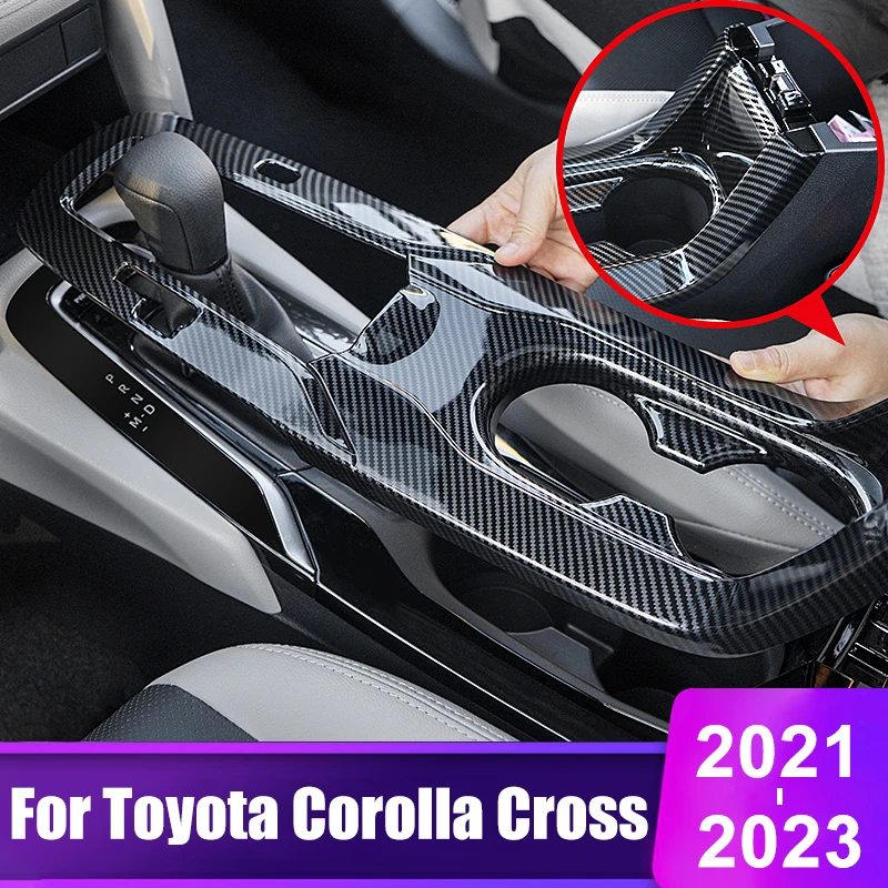 For Toyota Corolla Cross XG10 2021 2022 2023 Hybrid ABS Carbon Fibre Car Gear Shift Panel Cover Water Cup Trim Frame Accessorie