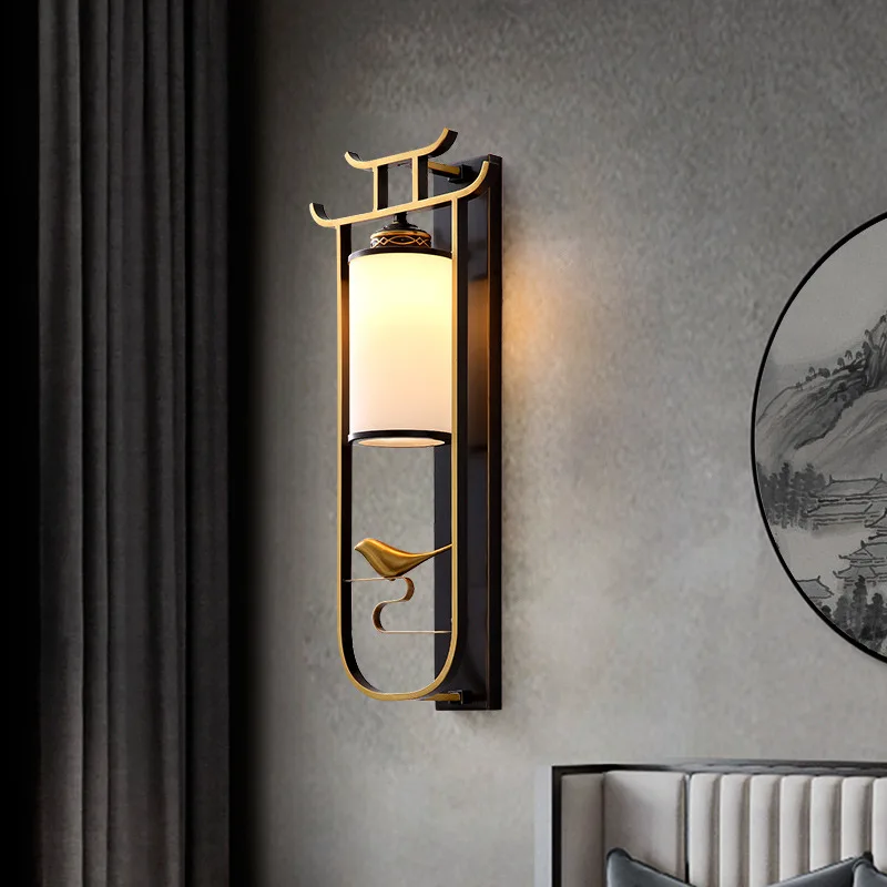 

New Chinese Style All Copper Wall Lamp Lighting Luxury Living Room Background Fixture Simple Creative Bedroom Bedside Lamp Decor